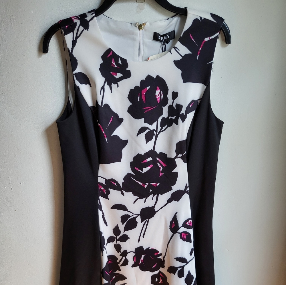 DKNY Black and White Floral Midi Dress with Pink Accents